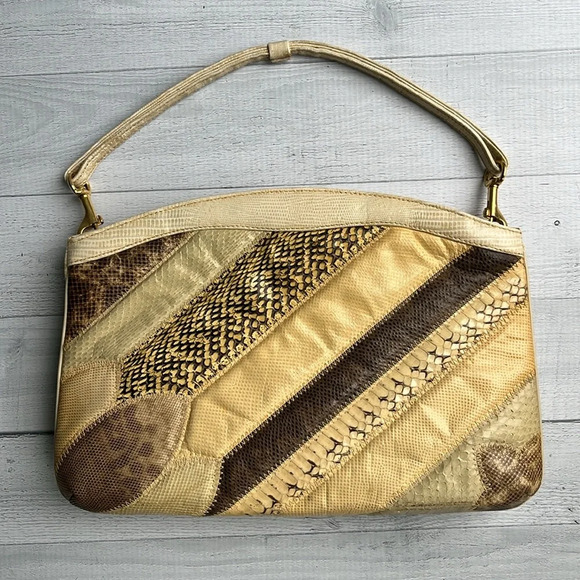 Vintage 80s Bag By Supreme Beige Snakeskin Print Handbag - Picture 3 of 7